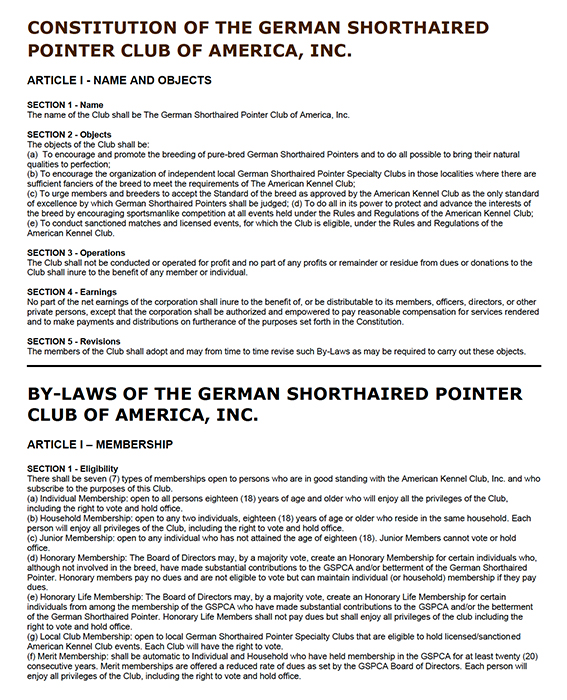 image of first page of the Constitution & ByLaws of the German Shorthaired Pointer Club of America. Approved by membership in July 2022. This version includes one clerical correction (approved by AKC)